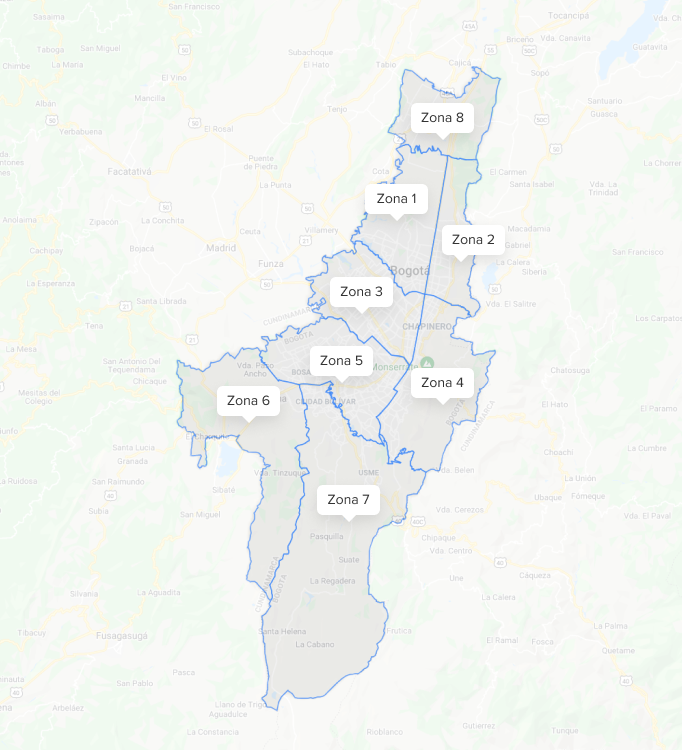 Mapa de zonas de cobertura Mercado Envíos Flex Bogotá